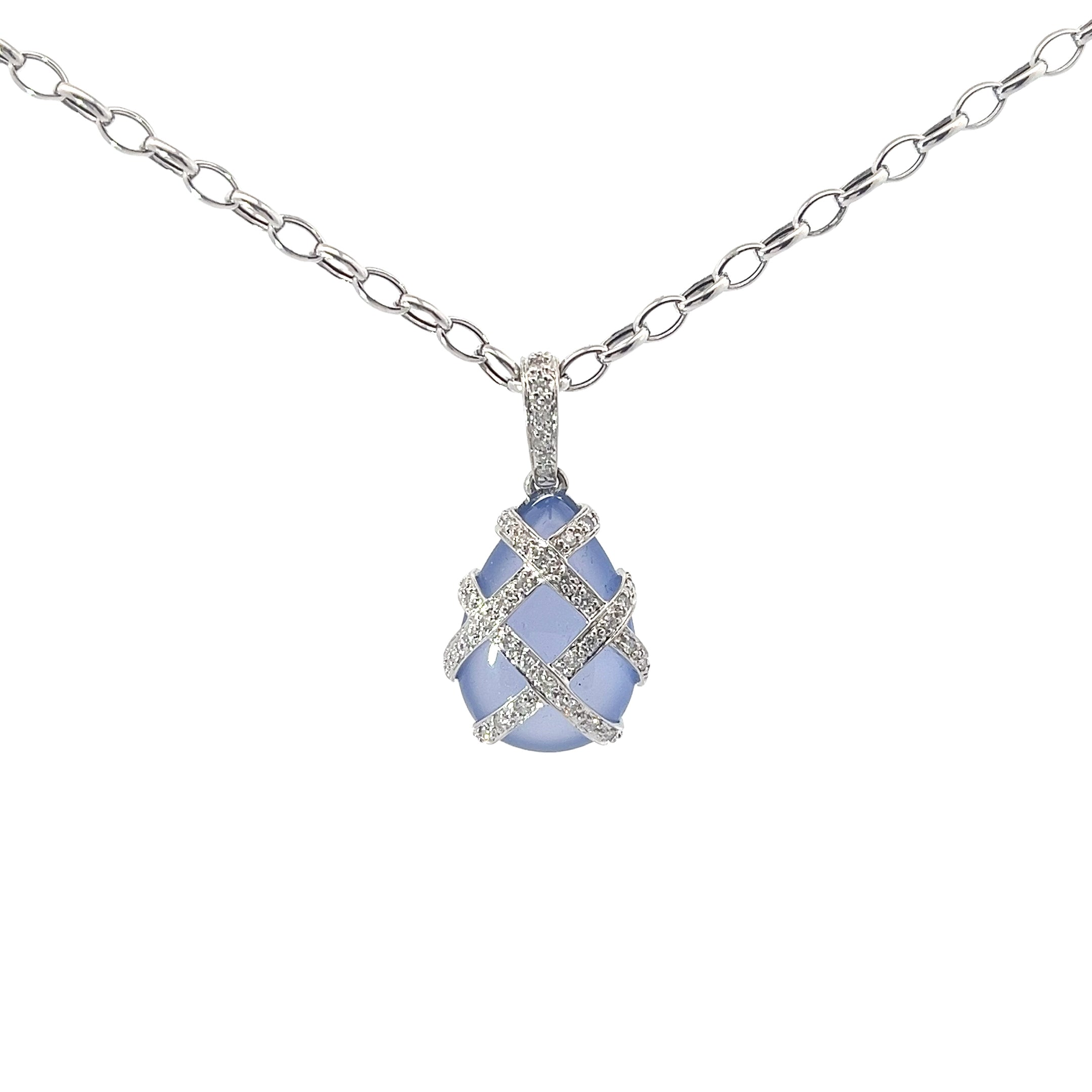 14k White Gold .40ct G SI1 Round Diamond and  Calcedony Faberge Egg Pendant