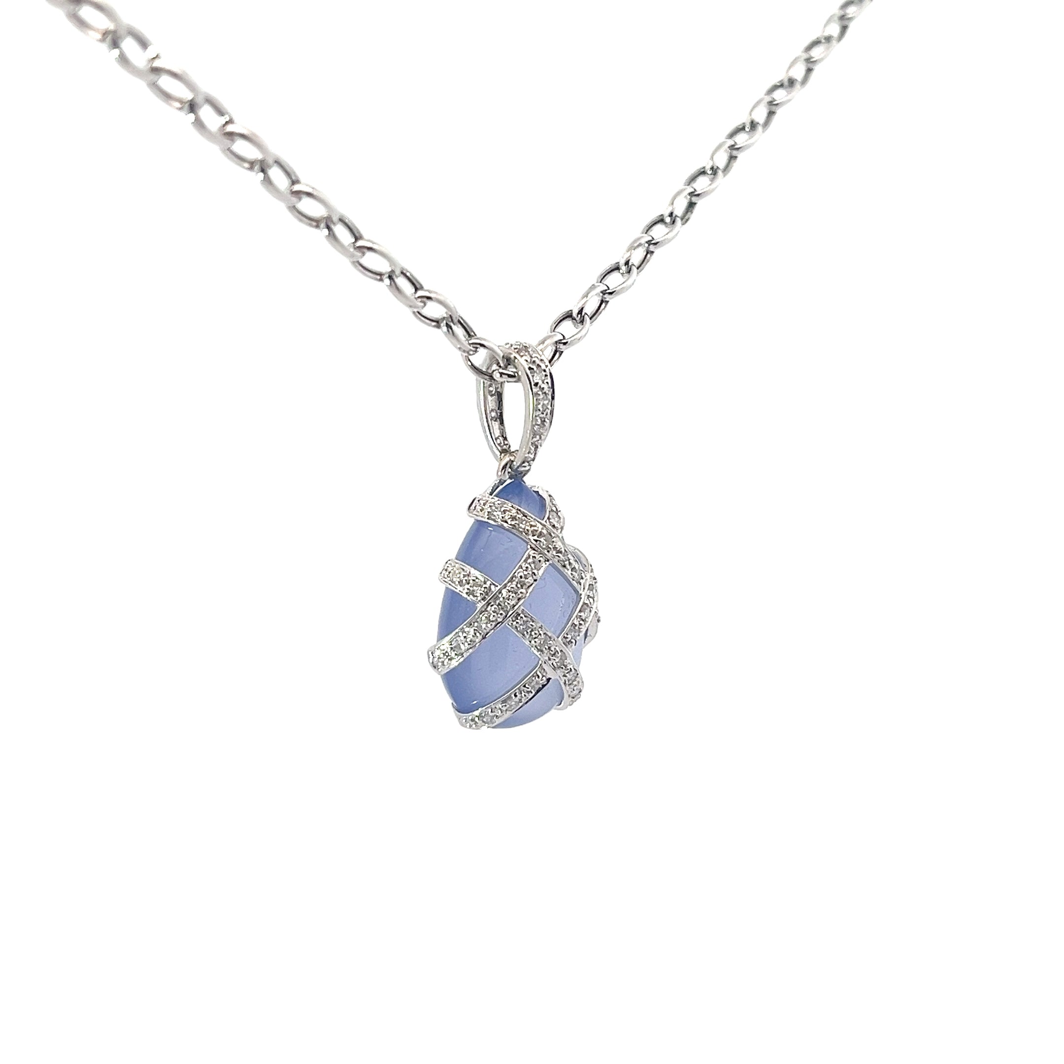 14k White Gold .40ct G SI1 Round Diamond and  Calcedony Faberge Egg Pendant