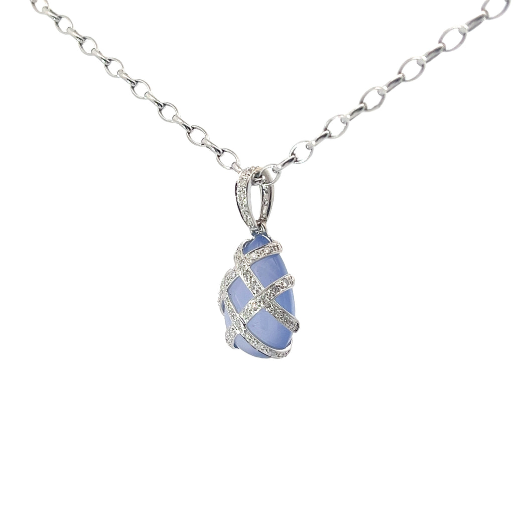 14k White Gold .40ct G SI1 Round Diamond and  Calcedony Faberge Egg Pendant