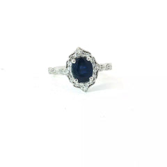 18k White Gold 1.40ct Oval Shape Natural AA Sapphire /.22ct G SI1 Round Diamond Ring