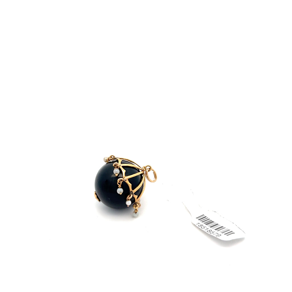 14k Yellow Gold Vintage Round Onyx 20mm with Gold Cinderella and Freshwater White Pearl Rain Drops Pendant 13.0 gram
