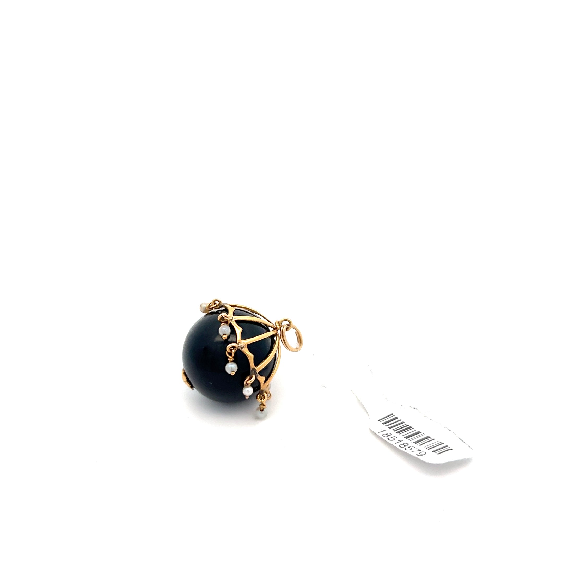 14k Yellow Gold Vintage Round Onyx 20mm with Gold Cinderella and Freshwater White Pearl Rain Drops Pendant 13.0 gram