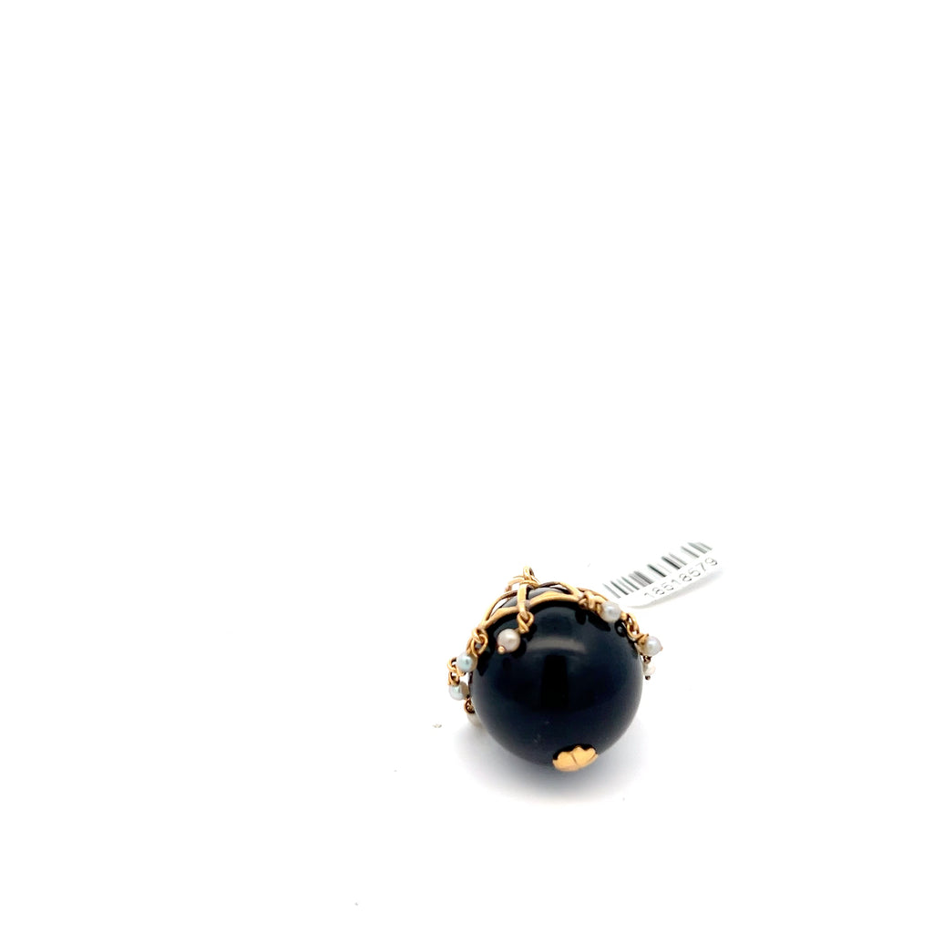 14k Yellow Gold Vintage Round Onyx 20mm with Gold Cinderella and Freshwater White Pearl Rain Drops Pendant 13.0 gram