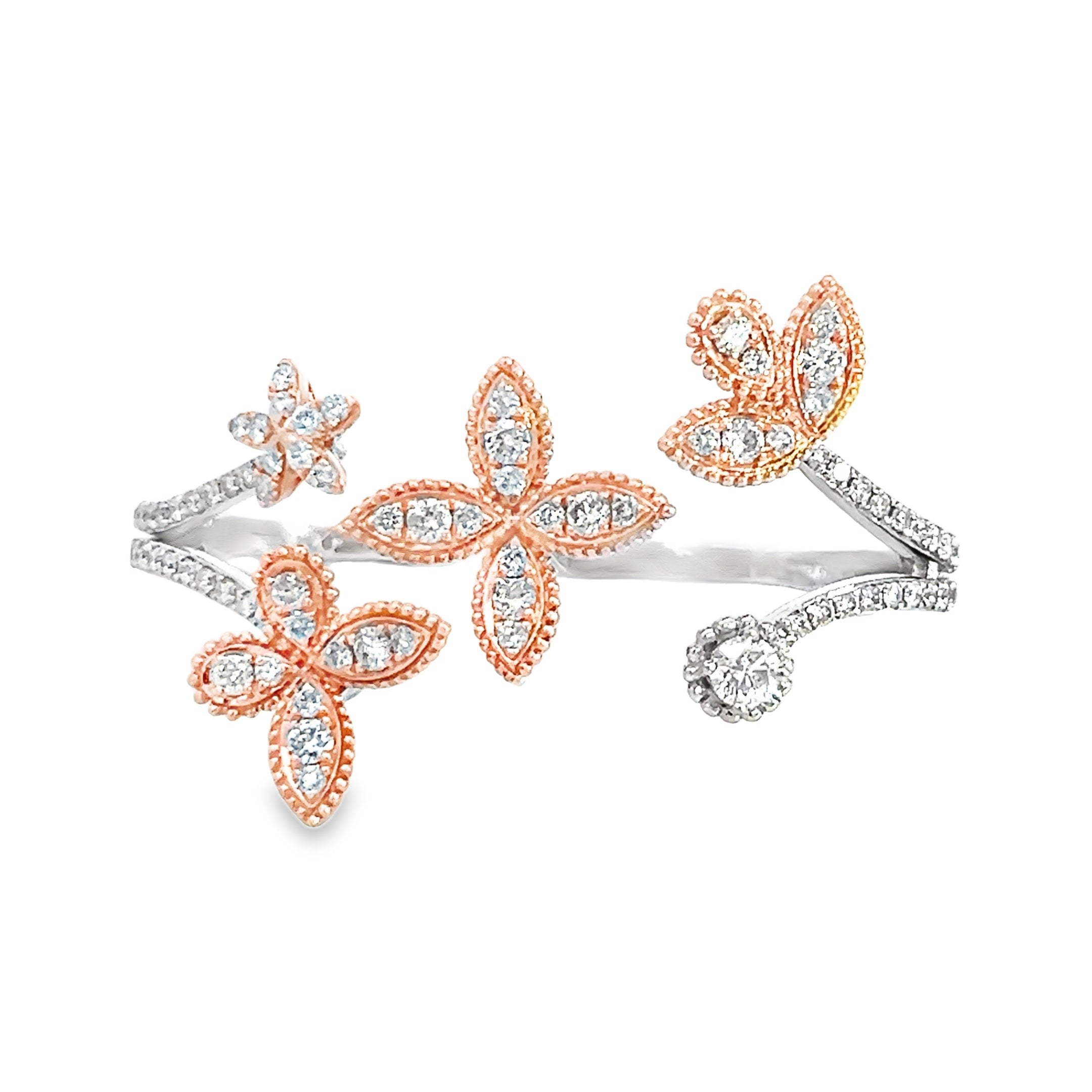 14k Rose and White Gold .75ct F VS2 Round Diamond 2 Finger Open Flower Leaf Ring