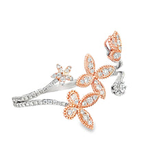 14k Rose and White Gold .75ct F VS2 Round Diamond 2 Finger Open Flower Leaf Ring