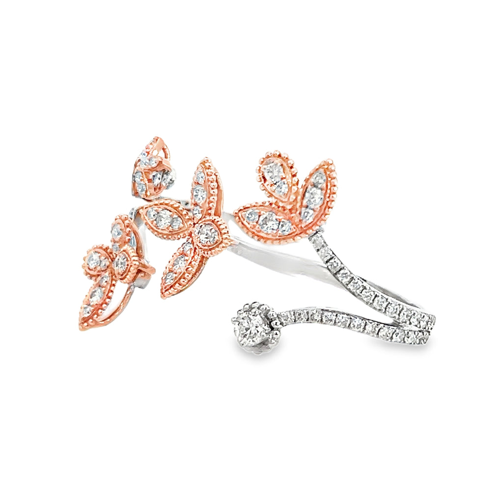 14k Rose and White Gold .75ct F VS2 Round Diamond 2 Finger Open Flower Leaf Ring