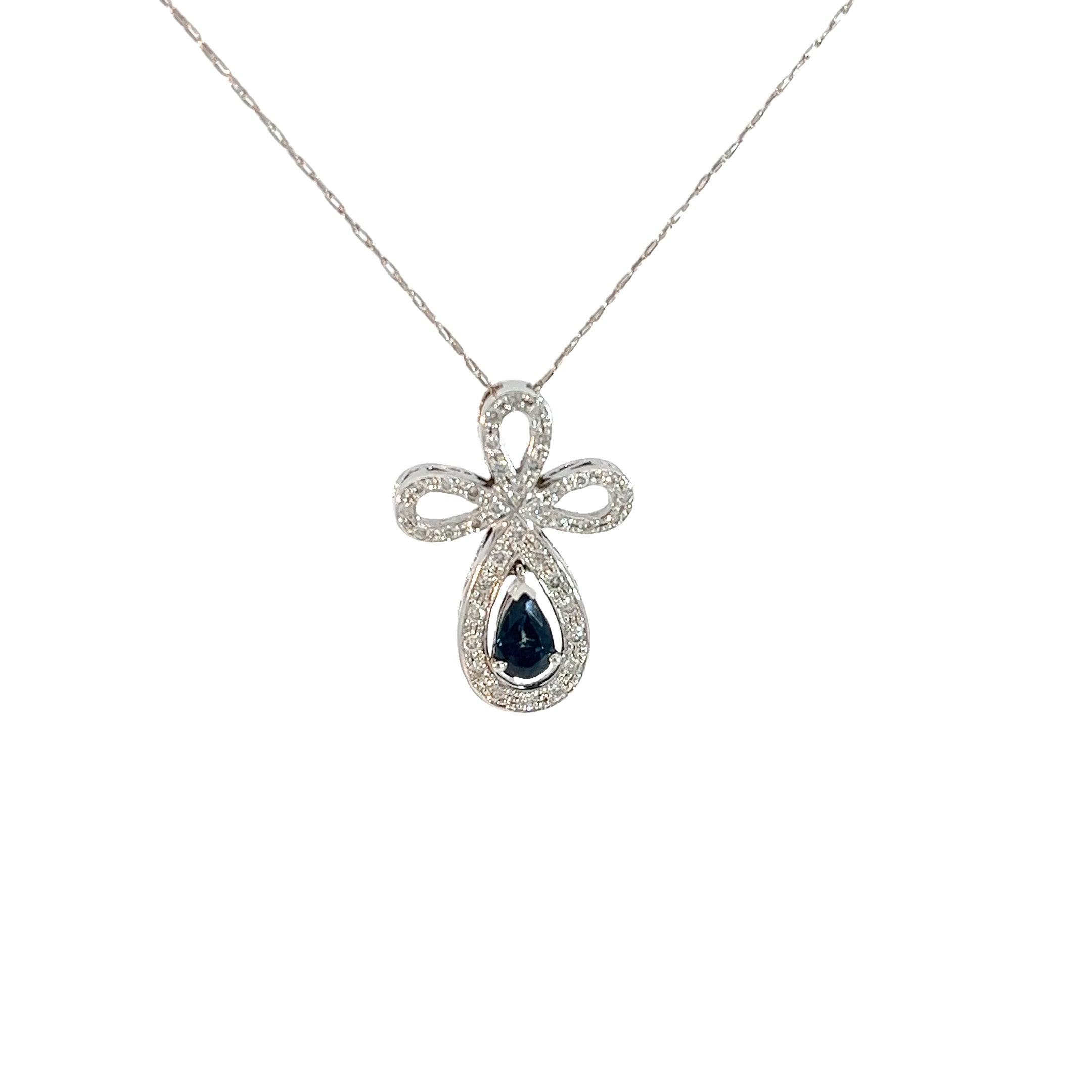 14k White Gold .40ct Pear Shape Sapphire and .25ct G SI1 Round Diamond Cross Necklace