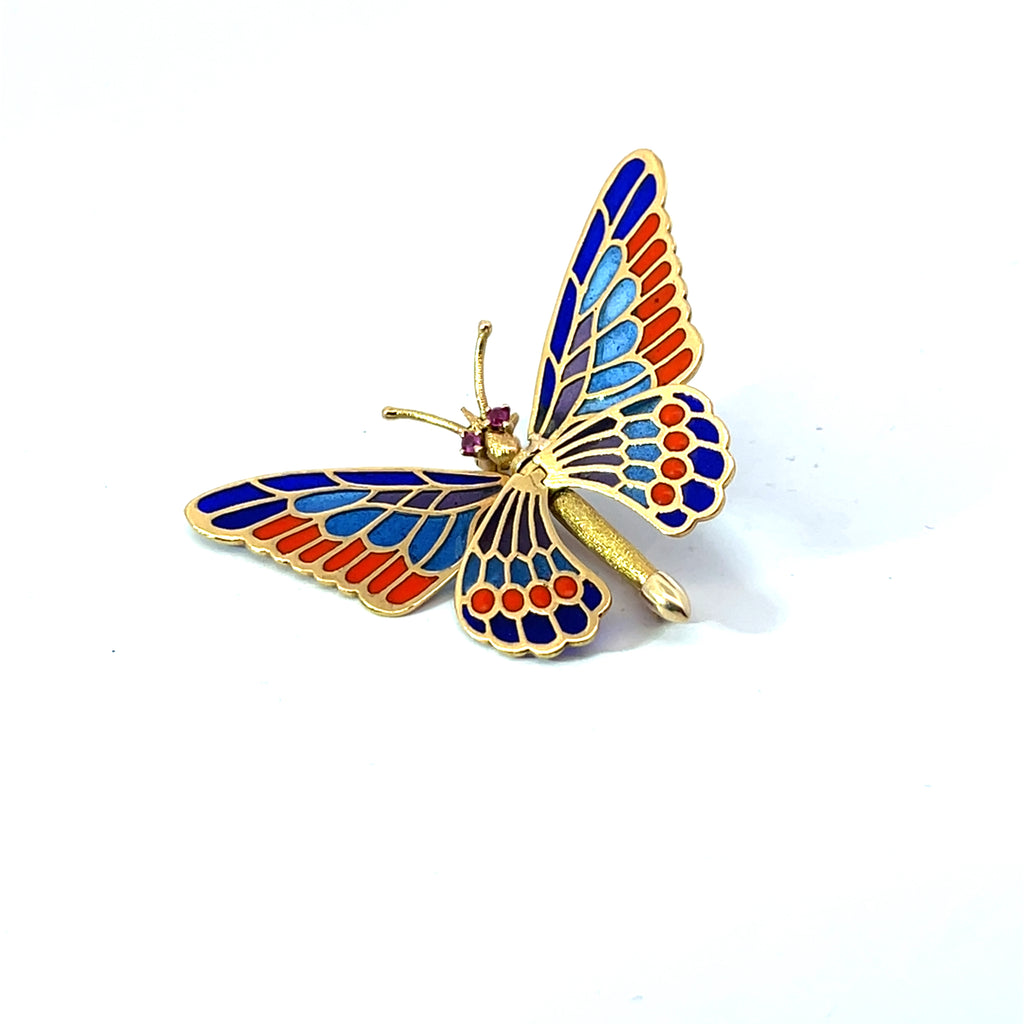 18k Yellow Gold .05ct (2) Round Ruby Victorian Enamel and Brooch Cut 1 3/4 x1"  6.5 gram