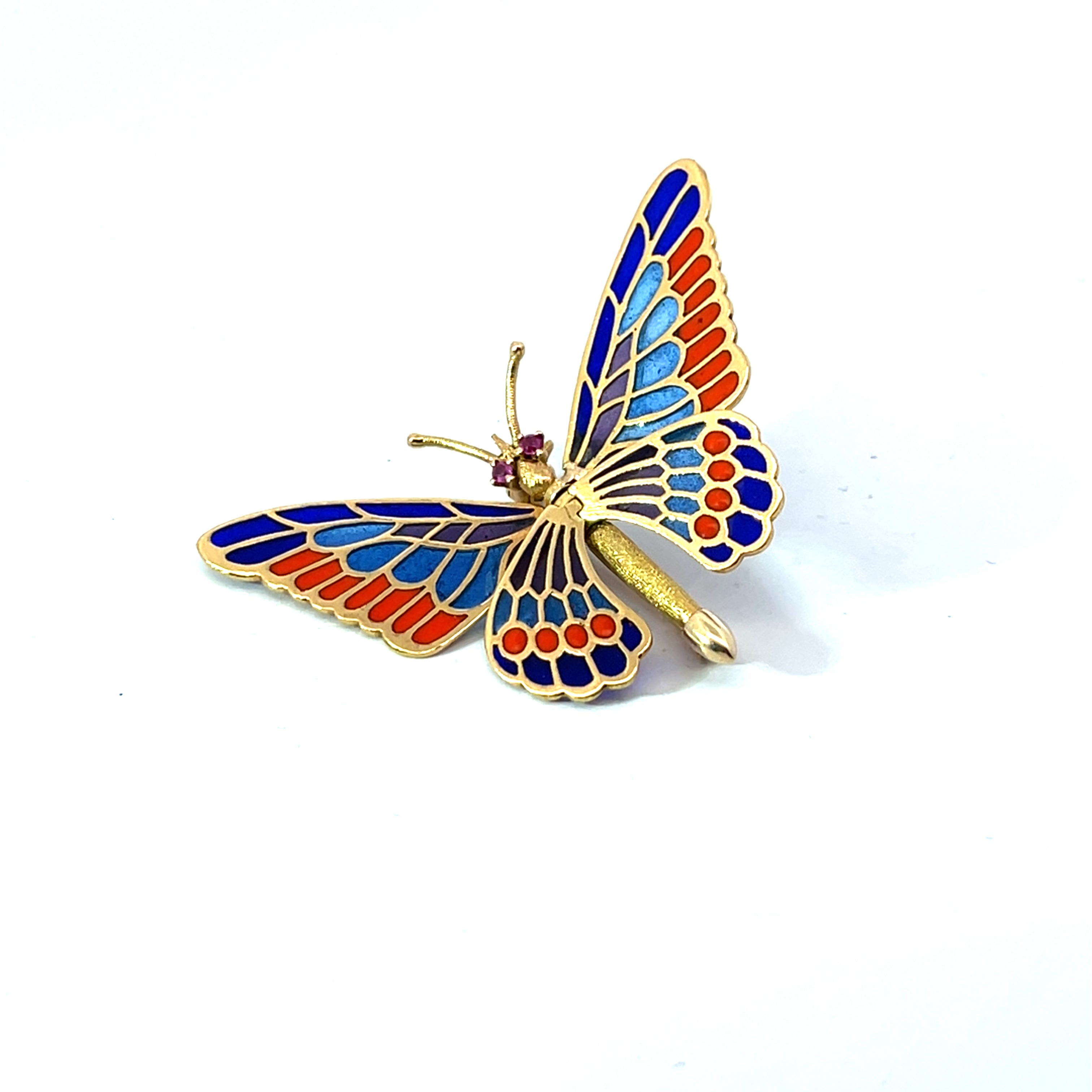 18k Yellow Gold .05ct (2) Round Ruby Victorian Enamel and Brooch Cut 1 3/4 x1"  6.5 gram