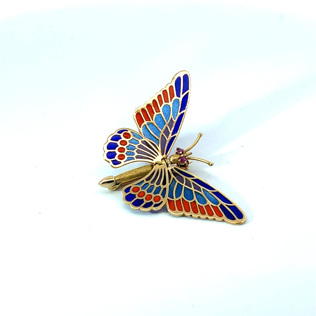 18k Yellow Gold .05ct (2) Round Ruby Victorian Enamel and Brooch Cut 1 3/4 x1"  6.5 gram