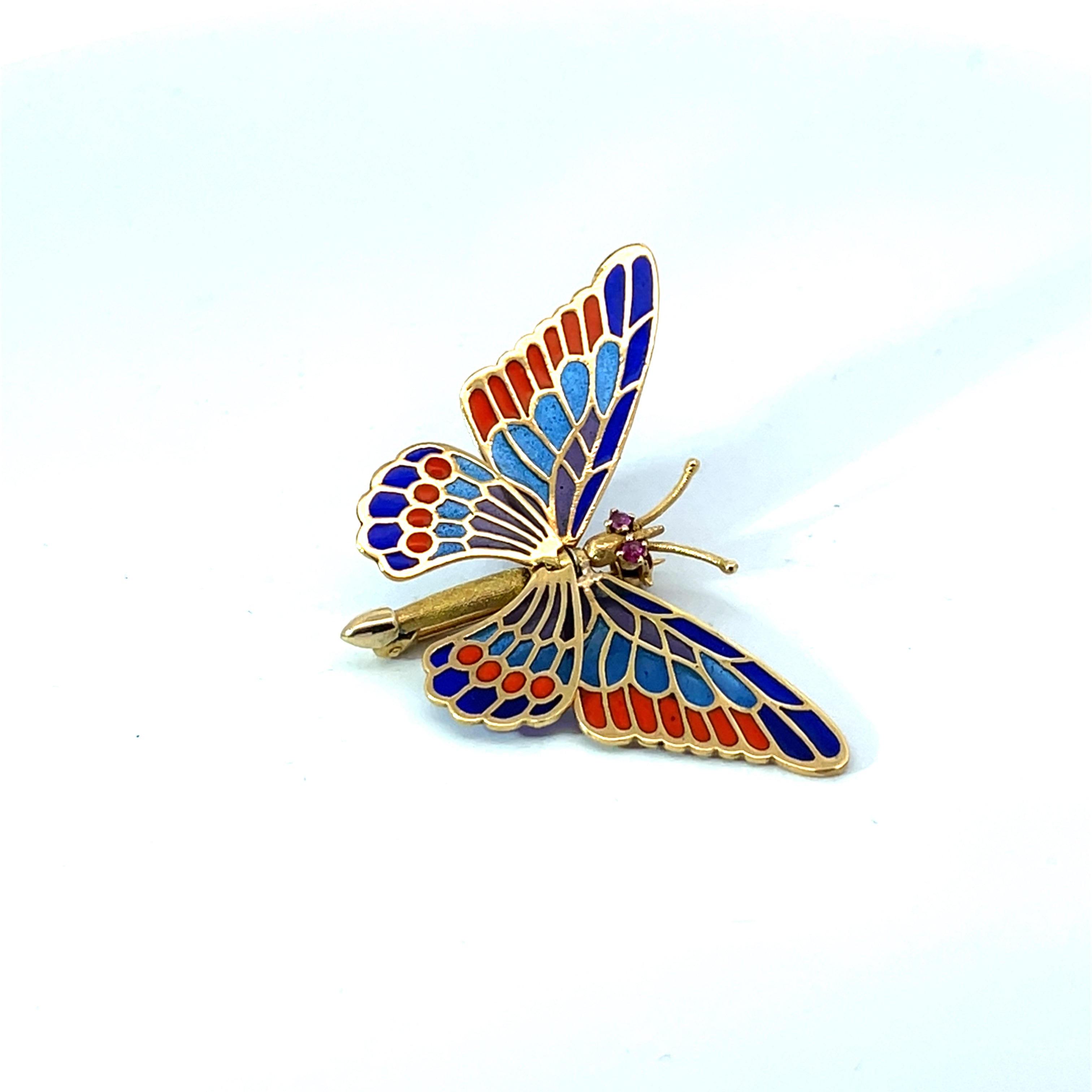 18k Yellow Gold .05ct (2) Round Ruby Victorian Enamel and Brooch Cut 1 3/4 x1"  6.5 gram
