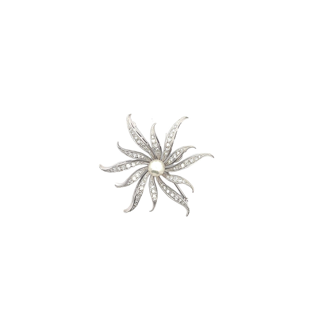 14k White Gold 1ct F VS2 Round Diamond and Vintage One Fresh Water White Pearl Brooch/Pin and Pendant