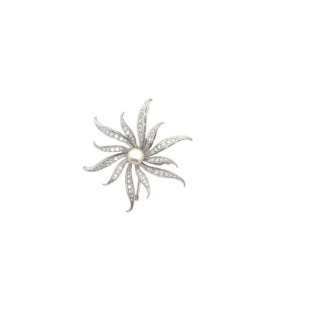 14k White Gold 1ct F VS2 Round Diamond and Vintage One Fresh Water White Pearl Brooch/Pin and Pendant