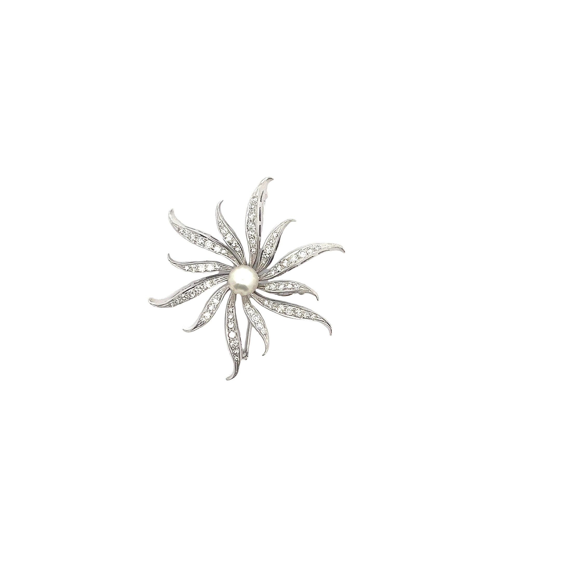 14k White Gold 1ct F VS2 Round Diamond and Vintage One Fresh Water White Pearl Brooch/Pin and Pendant