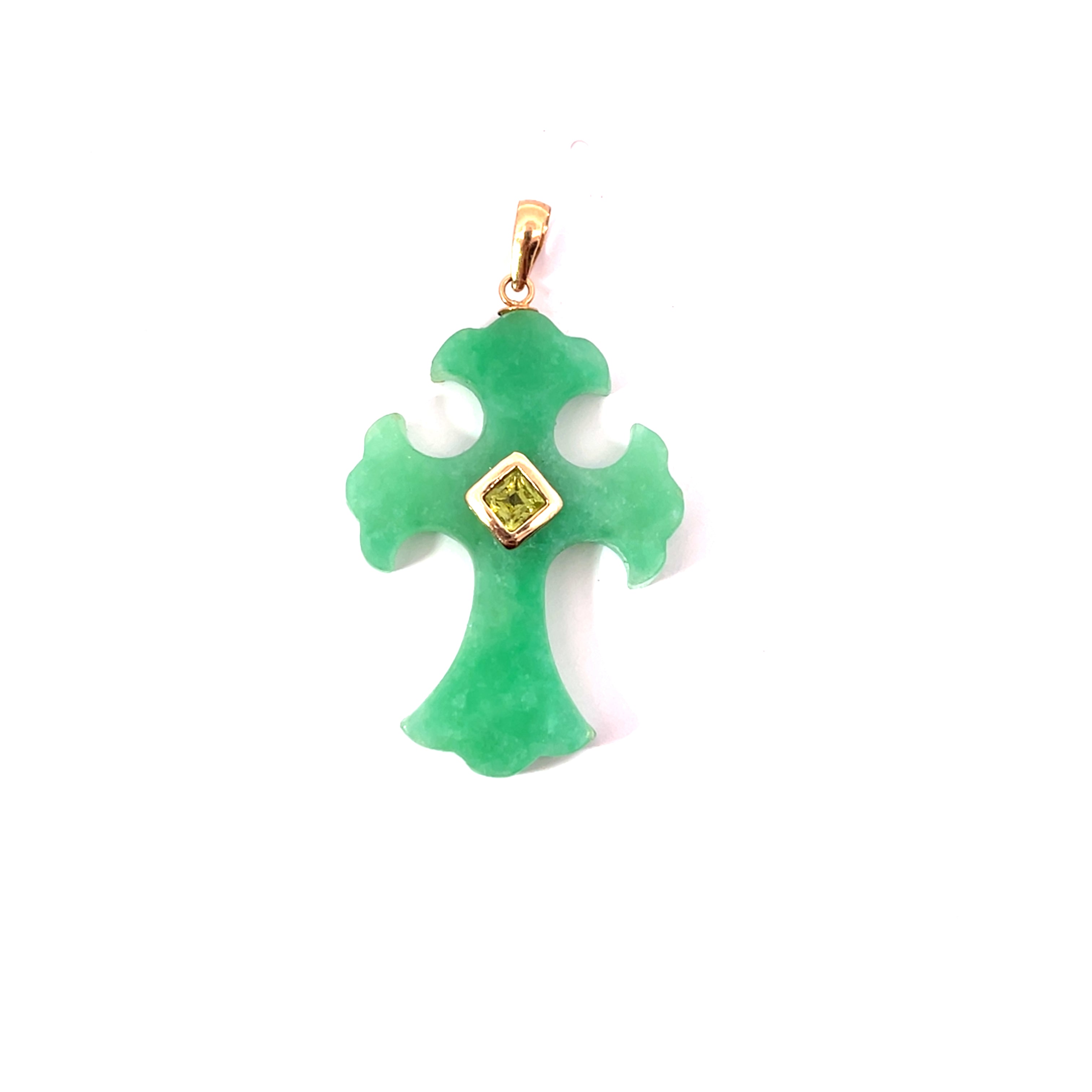 14k Yellow Gold Bezel Set Peridot and Jade Cross 1 1/2 x 1 inch