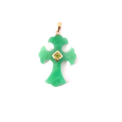14k Yellow Gold Bezel Set Peridot and Jade Cross 1 1/2 x 1 inch