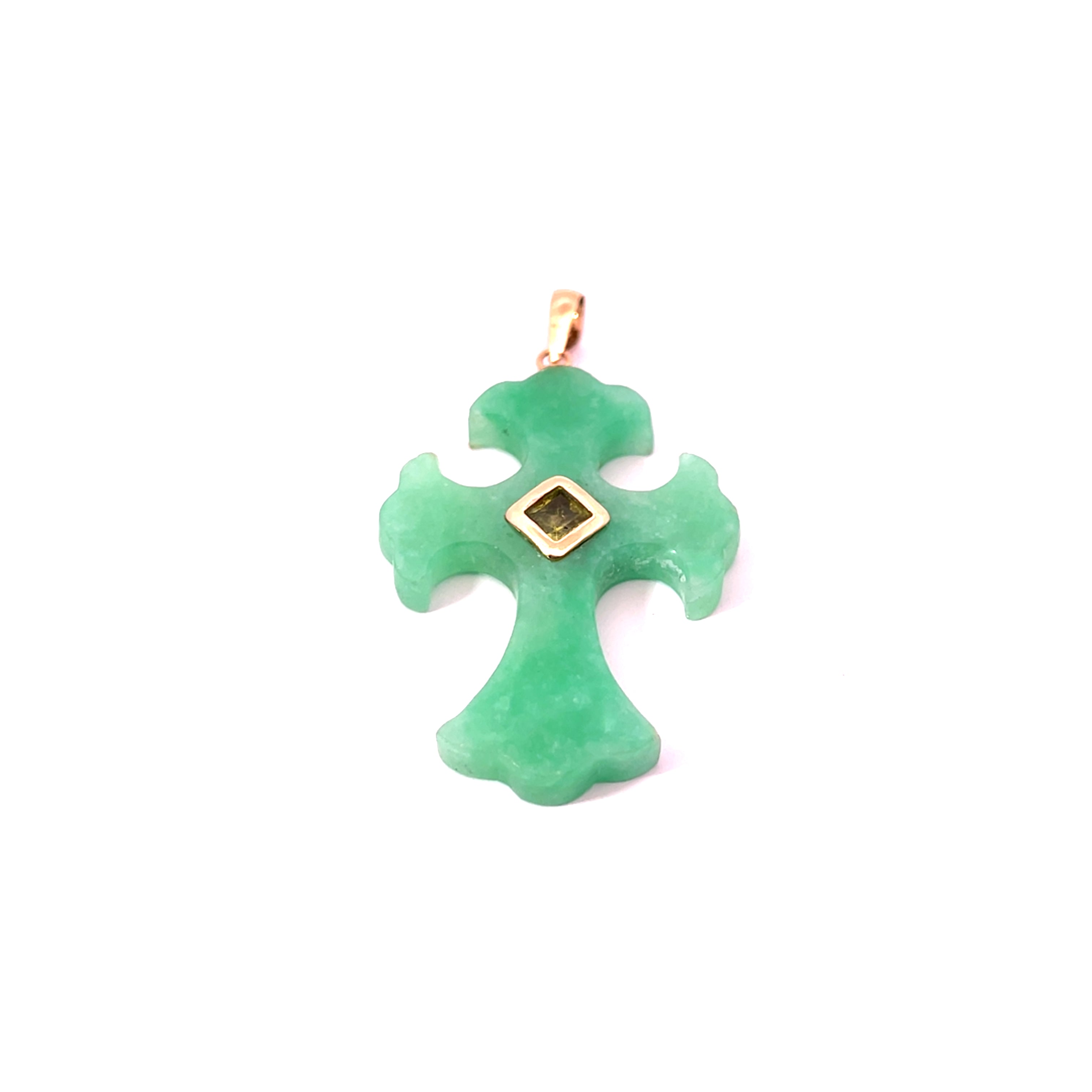 14k Yellow Gold Bezel Set Peridot and Jade Cross 1 1/2 x 1 inch