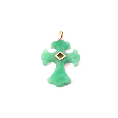 14k Yellow Gold Bezel Set Peridot and Jade Cross 1 1/2 x 1 inch
