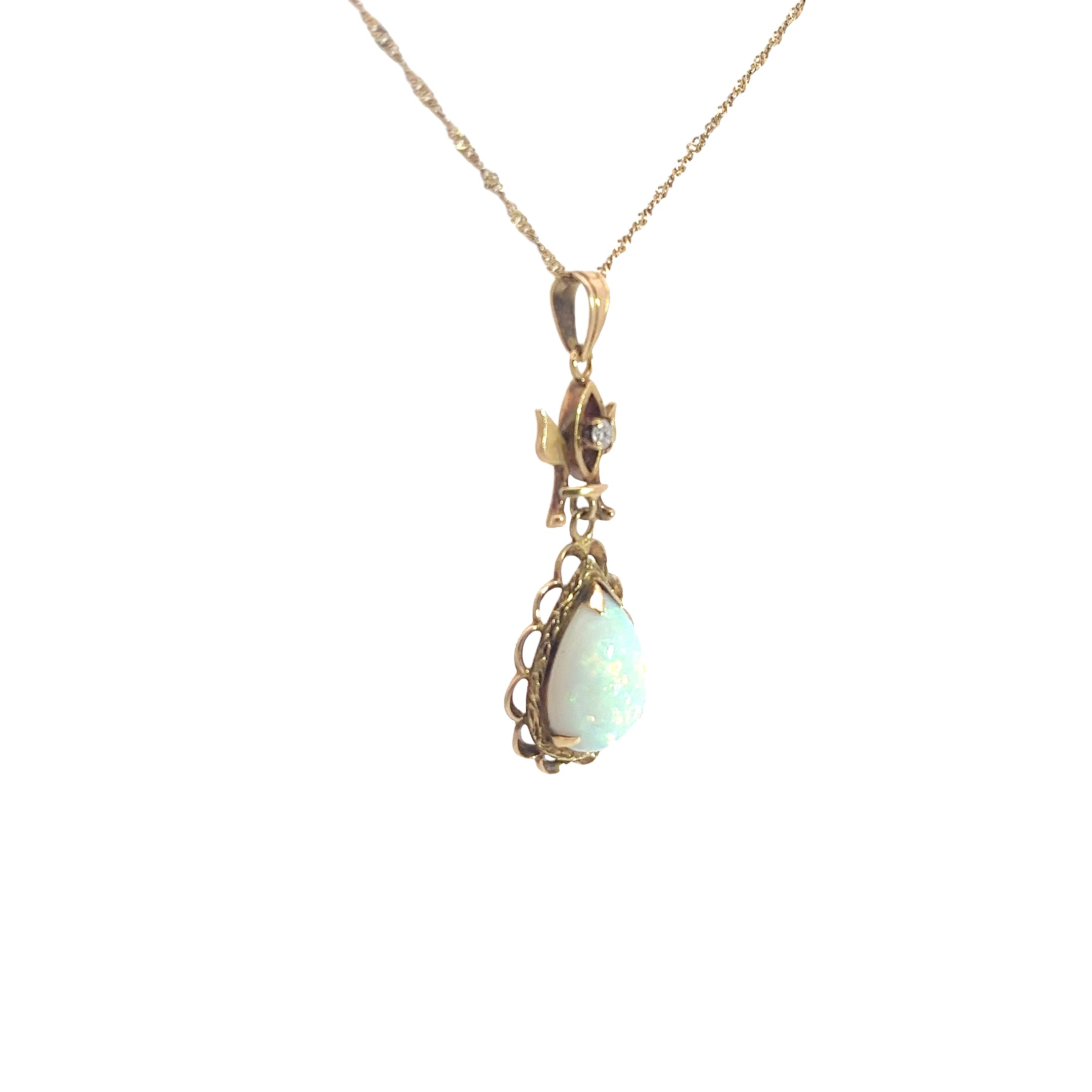 14k Yellow Gold Vintage Round Diamond and Pear Shape Opal Necklace
