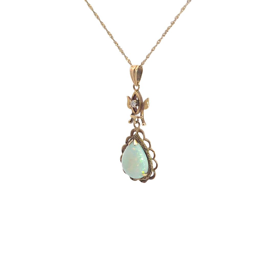 14k Yellow Gold Vintage Round Diamond and Pear Shape Opal Necklace