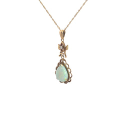 14k Yellow Gold Vintage Round Diamond and Pear Shape Opal Necklace