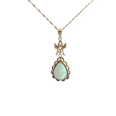 14k Yellow Gold Vintage Round Diamond and Pear Shape Opal Necklace