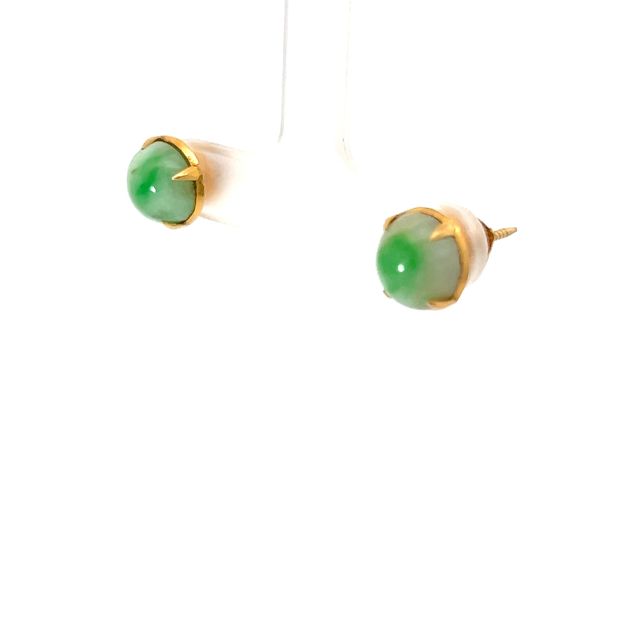 21k 9mm Round Jade Cabochon Screw Back Stud Earrings