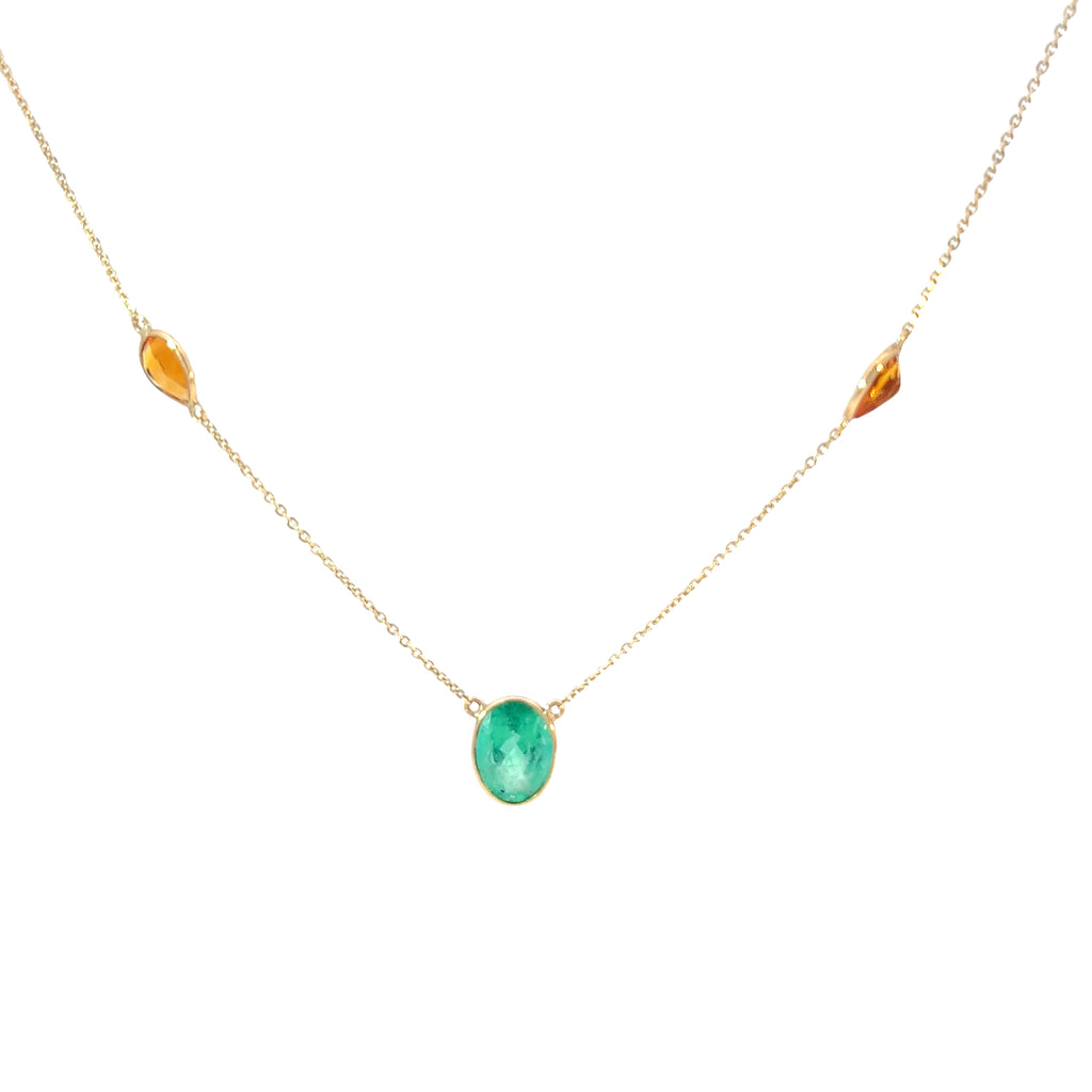 14KY 2CT OVAL COLOMBIAN EMERALD /3.70CT PEAR SHAPE CITRINE NECKLACE