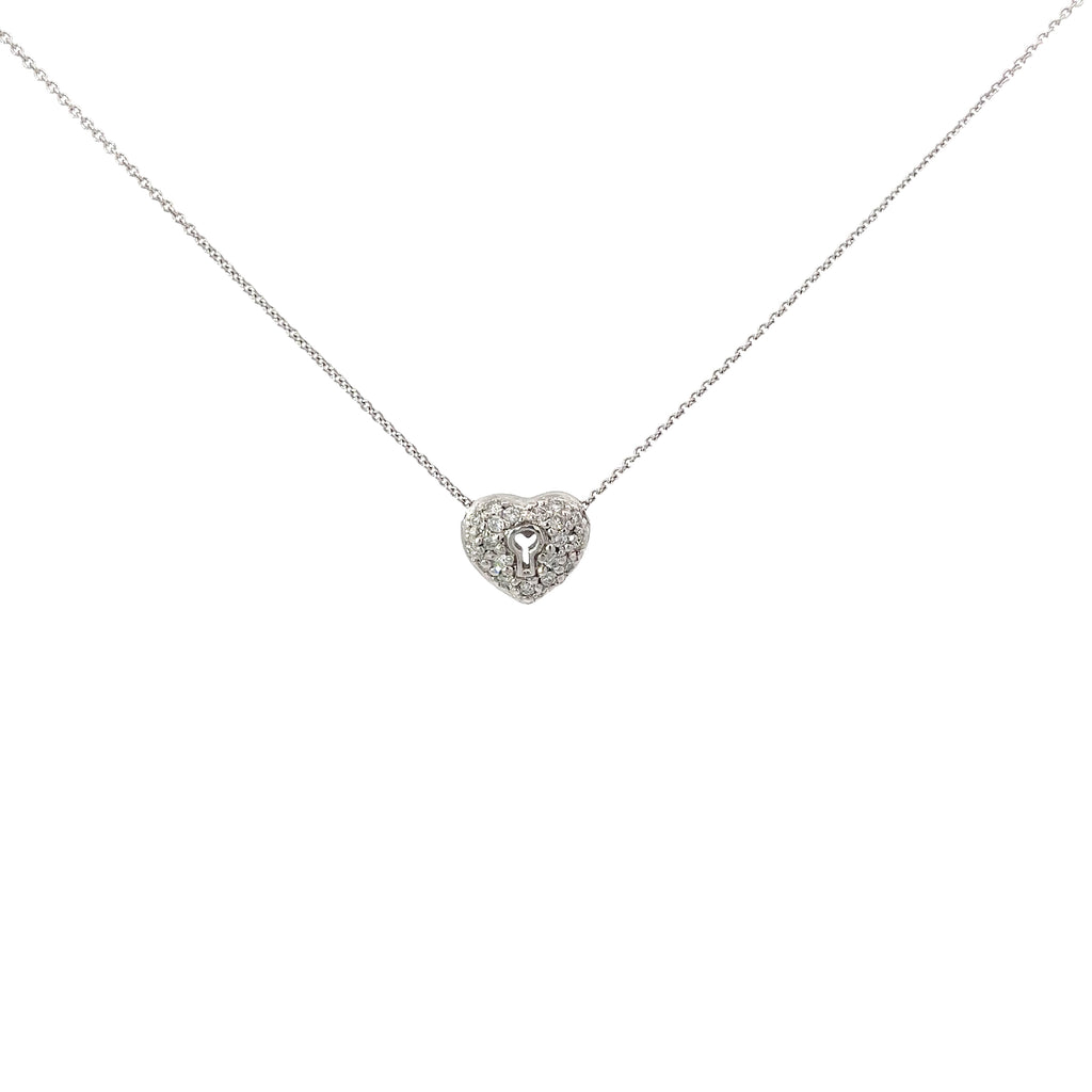 14k White Gold .25ct G VS2 Round Diamond Pave Heart with Lock Necklace