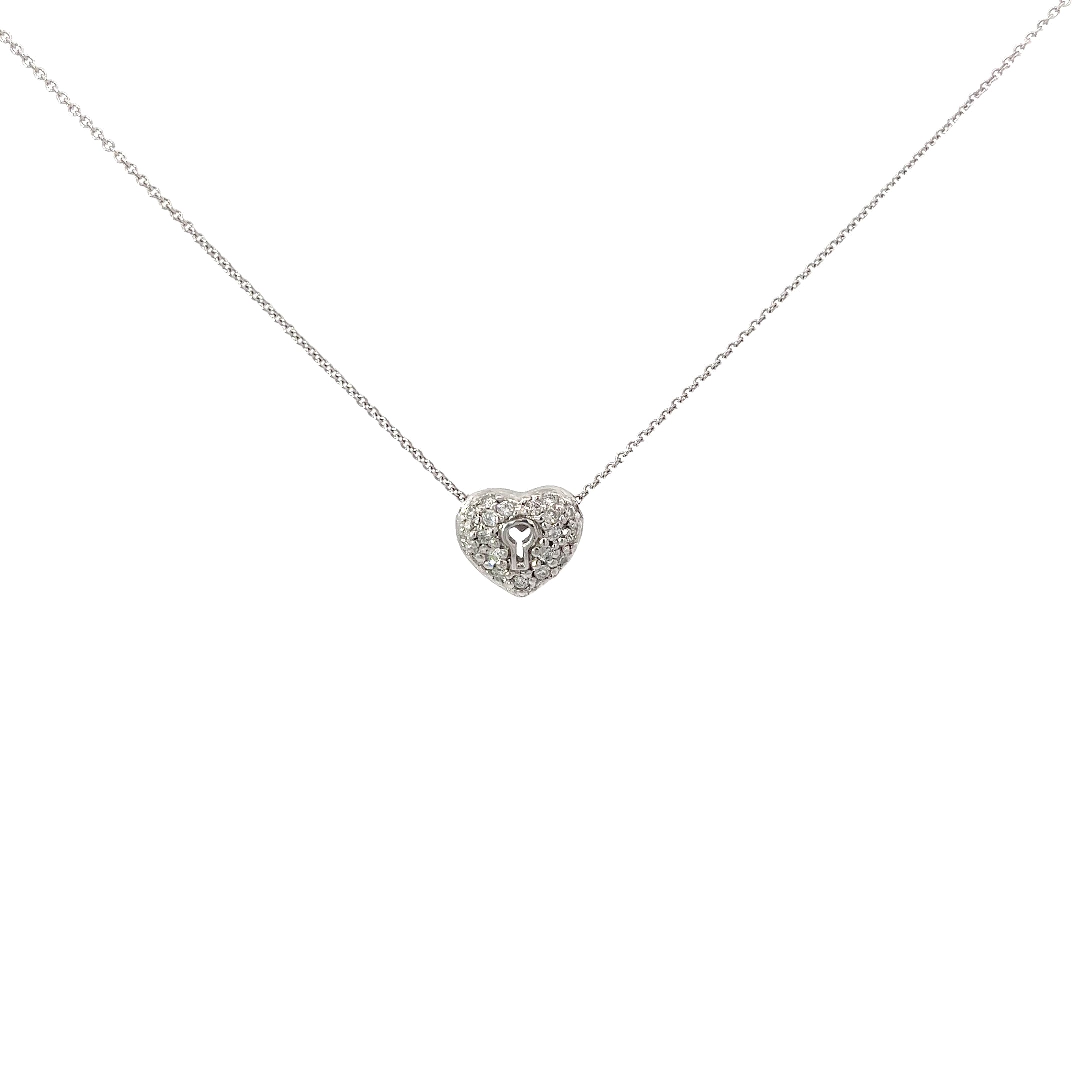 14k White Gold .25ct G VS2 Round Diamond Pave Heart with Lock Necklace