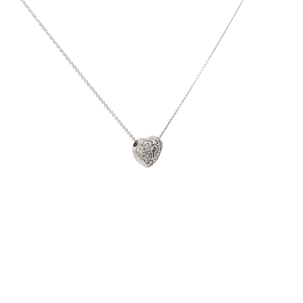 14k White Gold .25ct G VS2 Round Diamond Pave Heart with Lock Necklace