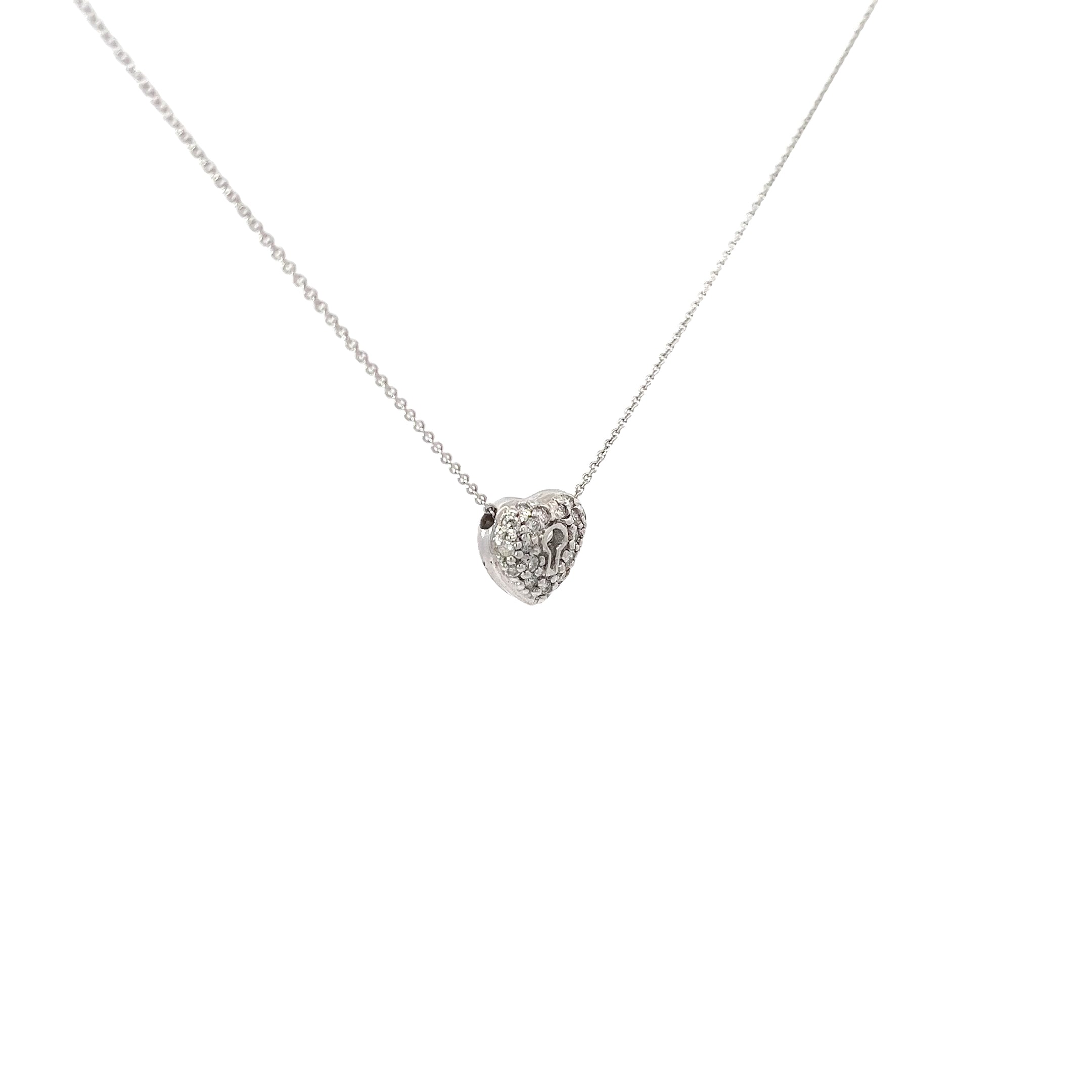 14k White Gold .25ct G VS2 Round Diamond Pave Heart with Lock Necklace