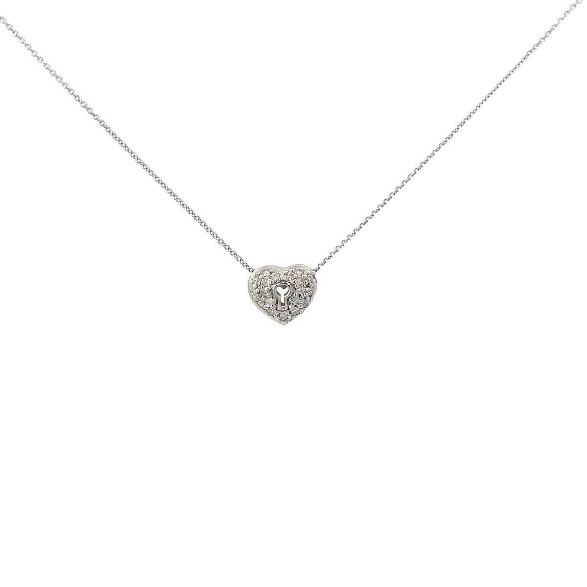 Ladies 14k white gold diamond heart with lock necklace