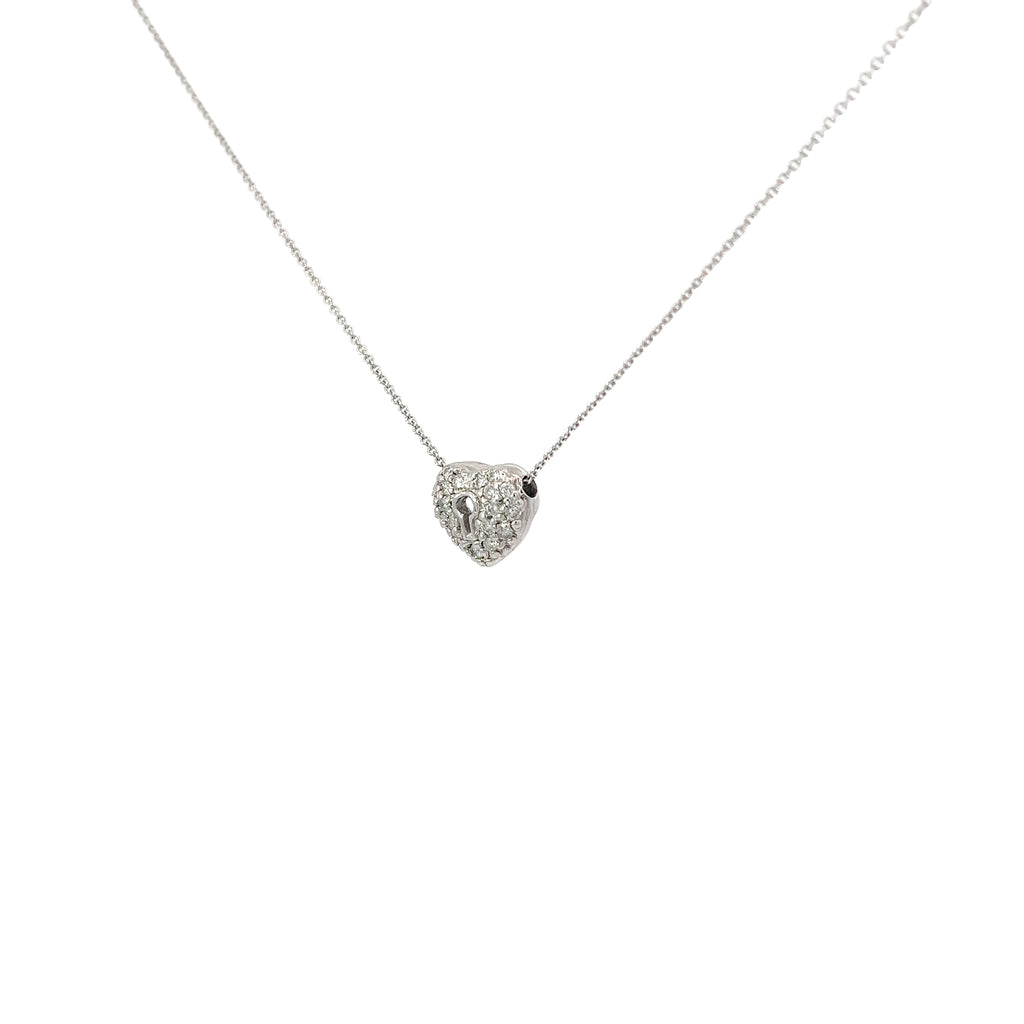 14k White Gold .25ct G VS2 Round Diamond Pave Heart with Lock Necklace
