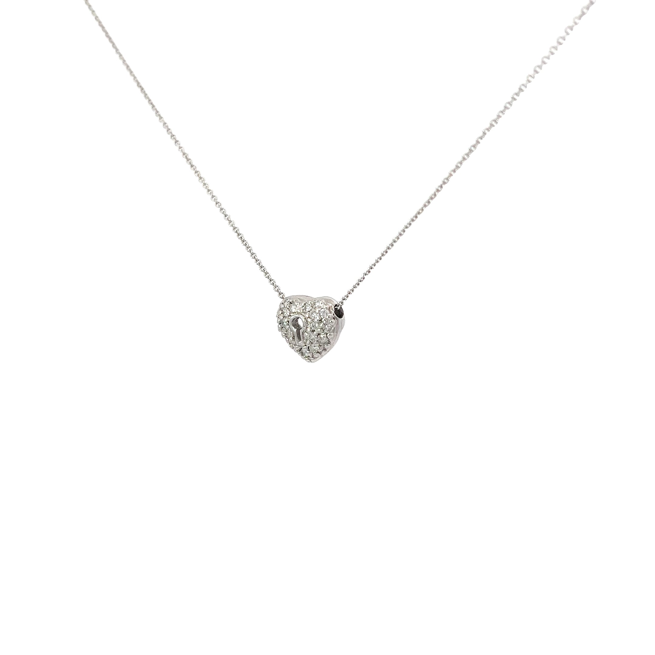 14k White Gold .25ct G VS2 Round Diamond Pave Heart with Lock Necklace