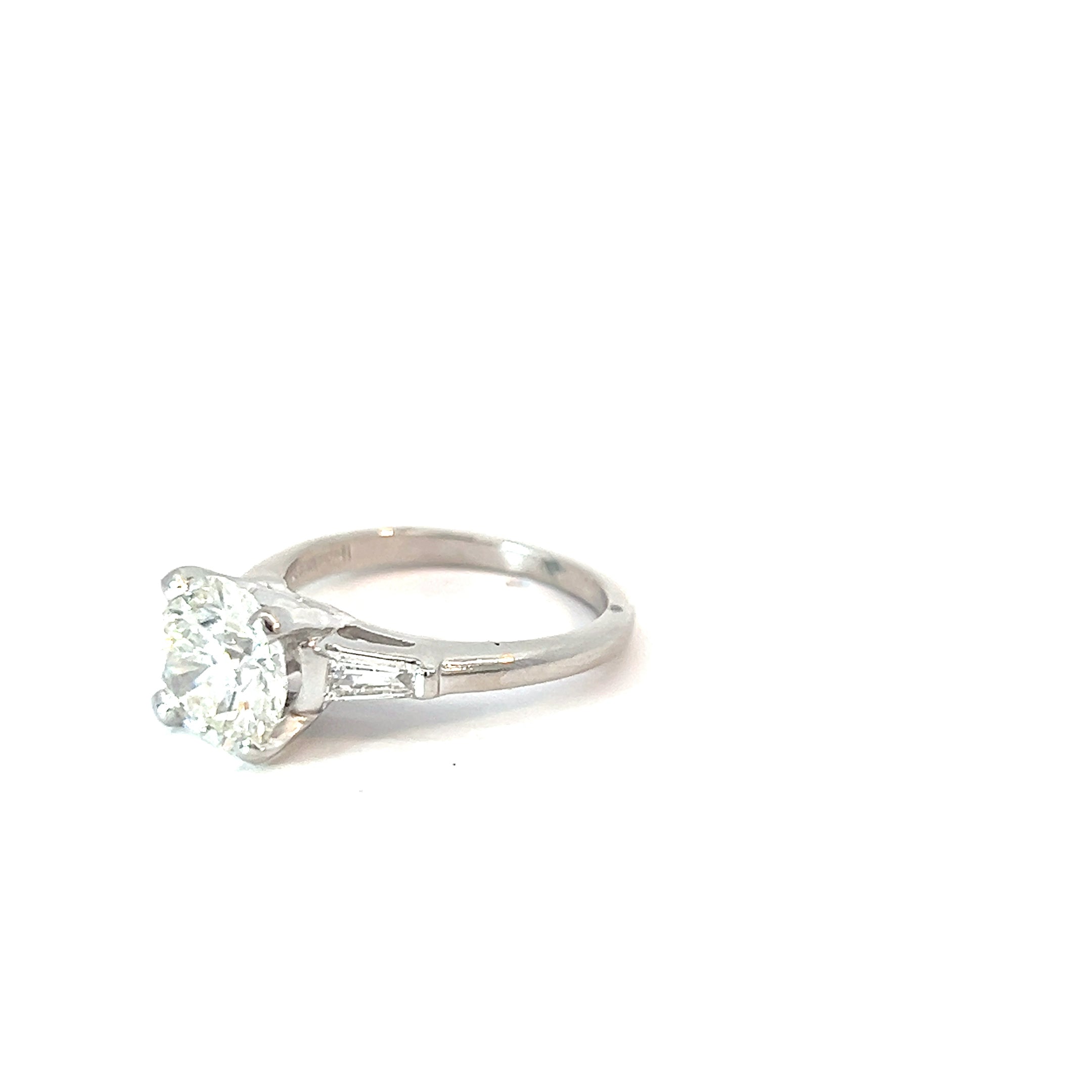 Platinum 3.05 J I1 Round Diamond /.45ct E VS1 Tapered Baguette Diamond (3) Stone Engagement Ring Certified By GIA# 5232651827