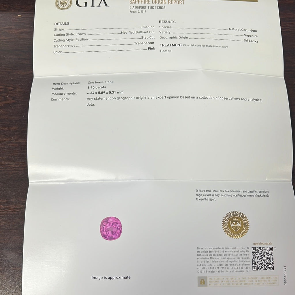 14k White Gold 1.70ct Cushion Pink Sapphire and .50ct F VS2 Round Diamond Ring Certified by GIA# 1182593838