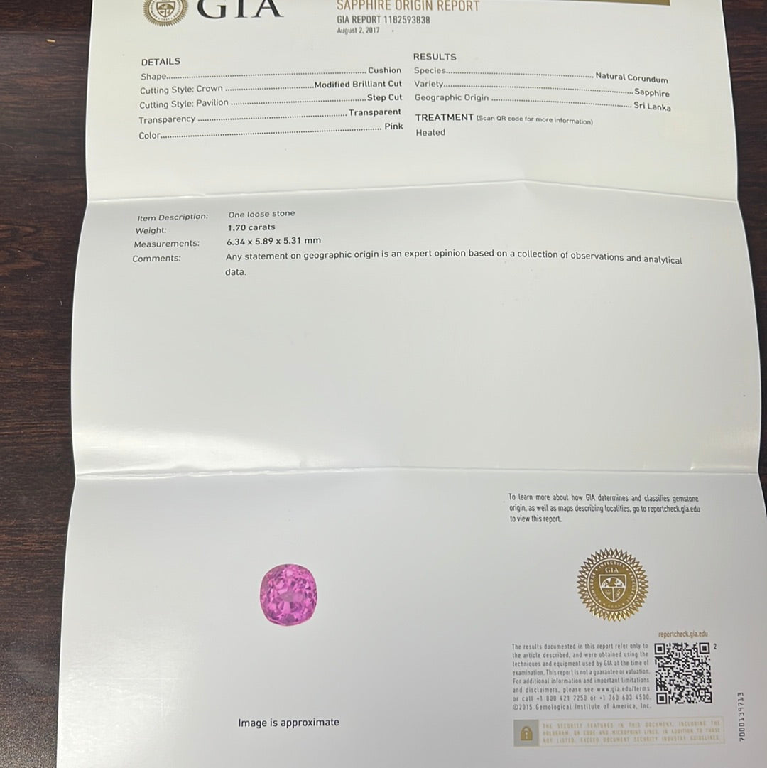 14k White Gold 1.70ct Cushion Pink Sapphire and .50ct F VS2 Round Diamond Ring Certified by GIA# 1182593838