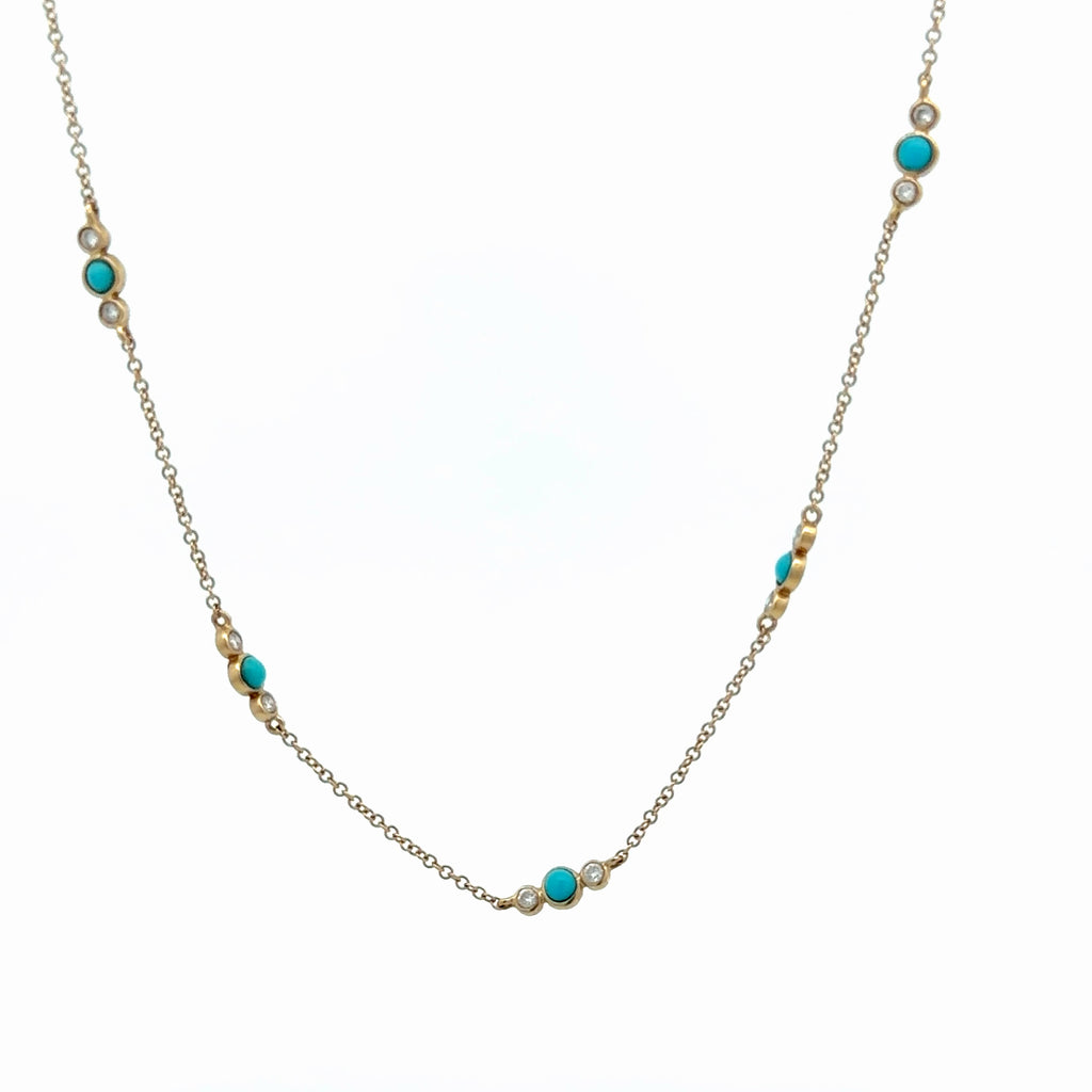 14k Yellow Gold .25ct G VS2 Round Diamond / .40ct Bead Turquoise Necklace 16"inch
