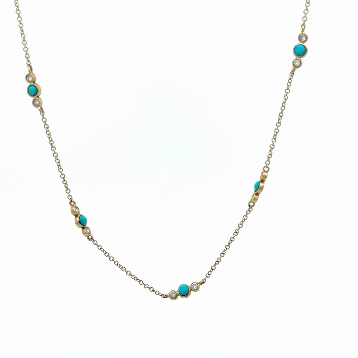 14k Yellow Gold .25ct G VS2 Round Diamond / .40ct Bead Turquoise Necklace 16"inch