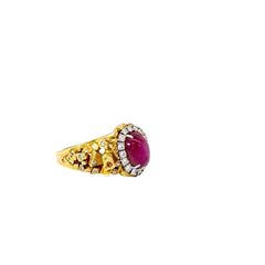 18k Yellow Gold 5.00ct Cabochon Star Ruby and .50ct G VS2 Round Diamond Vintage Ring