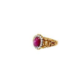 18k Yellow Gold 5.00ct Cabochon Star Ruby and .50ct G VS2 Round Diamond Vintage Ring