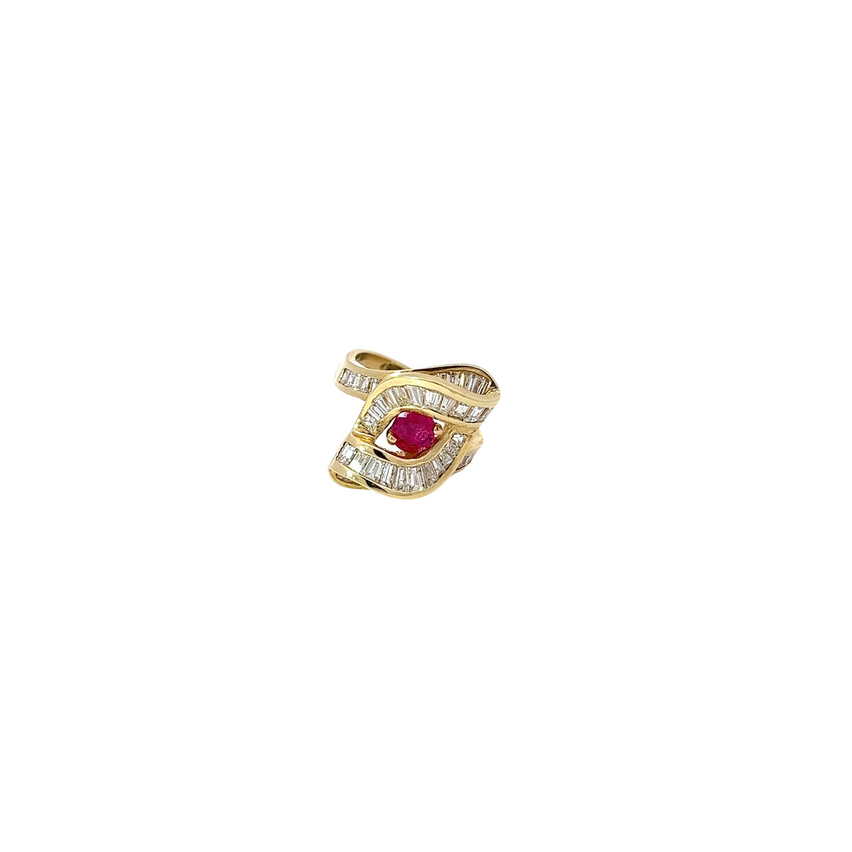 14k Yellow Gold 1.63ct F VS1 Baguette Diamond and .77ct Round Burma Ruby Ring Certified By GIA # 2205220757