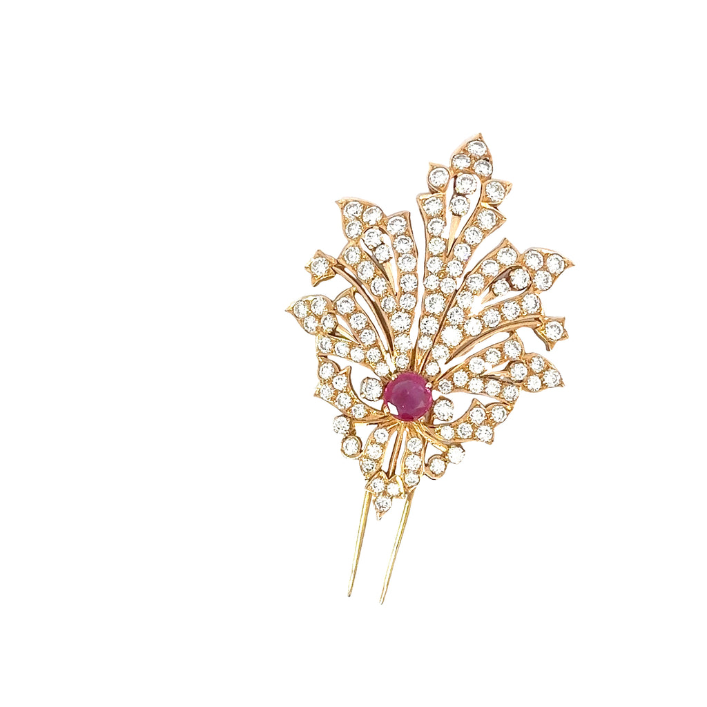 18k Yellow Gold 5.70ct E VS2 Round Diamond and .95ct Round Burma Ruby Brooch