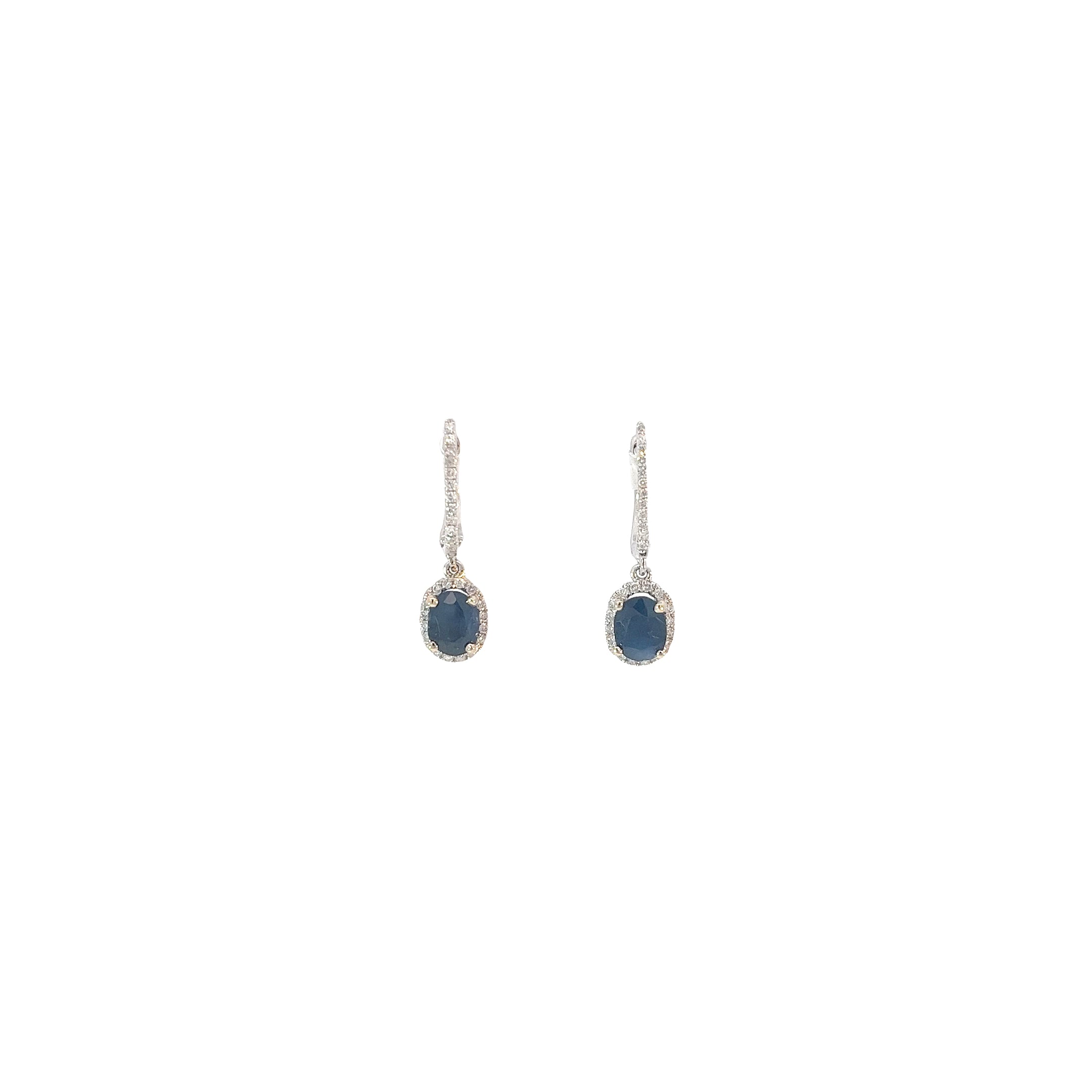 18k White Gold 1.45ct Blue Sapphire and .25ct G SI1 Round Diamond Drop Earrings