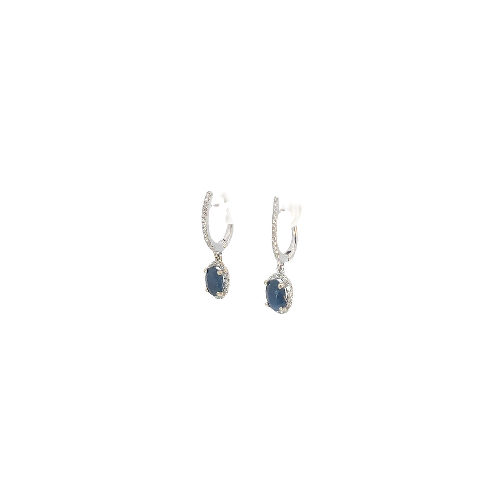 18k White Gold 1.45ct Blue Sapphire and .25ct G SI1 Round Diamond Drop Earrings