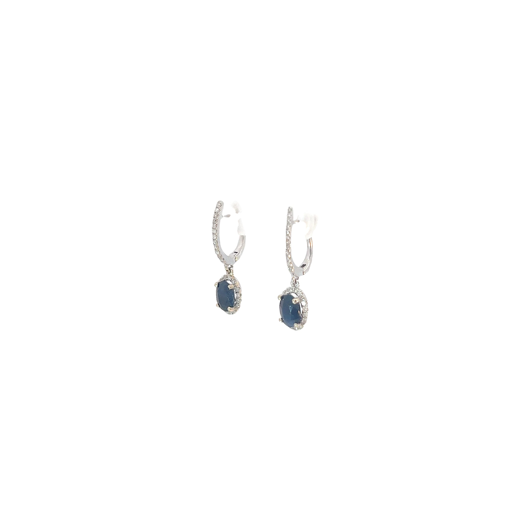 18k White Gold 1.45ct Blue Sapphire and .25ct G SI1 Round Diamond Drop Earrings