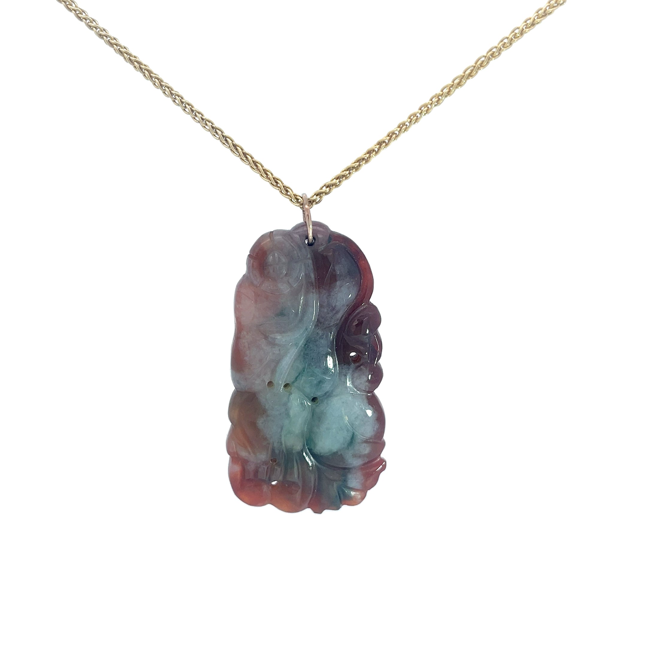 14k Yellow Gold 5 Grams Wheat Chain 16 inch with 18.16 Grams Jadeite Jade Pierced Carving Certified by GIA #2231312434