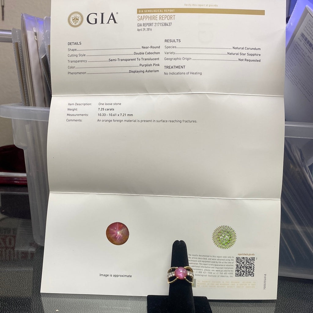 18k Two Toned 7.25ct Double Cabochon Purplish Pink Star Sapphire and 1.50 F VS2 Round diamond ring Certified by GIA # 2171538437