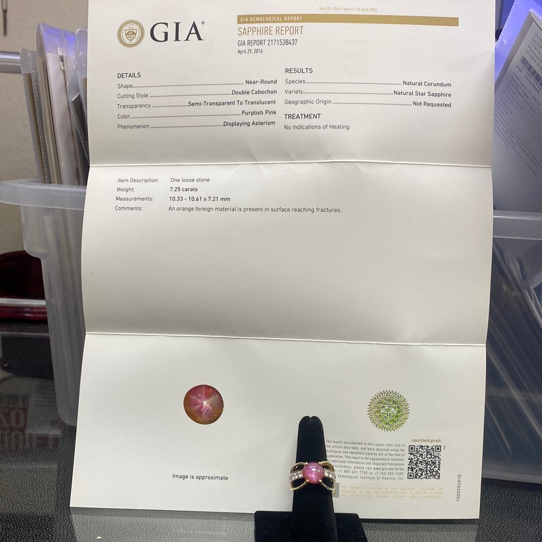 18k Two Toned 7.25ct Double Cabochon Purplish Pink Star Sapphire and 1.50 F VS2 Round diamond ring Certified by GIA # 2171538437